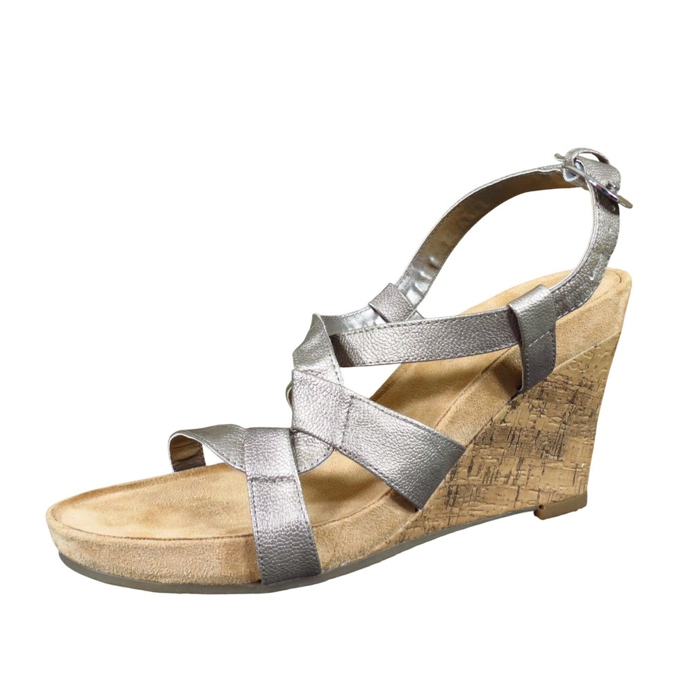 Aerosoles Plush Wedge‎ Women Strappy Sandal Size 8 Summer Metallic Pewter Cork